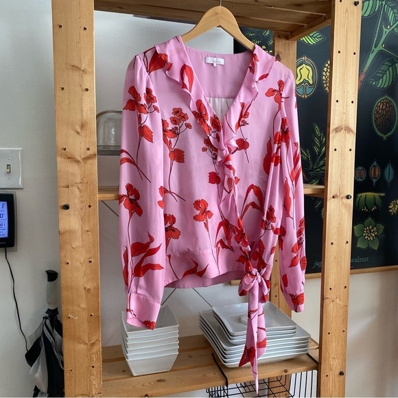 Parker Pink Red Floral Print Silk Blend Pasha Ruffle Wrap Blouse - Picture 5 of 16